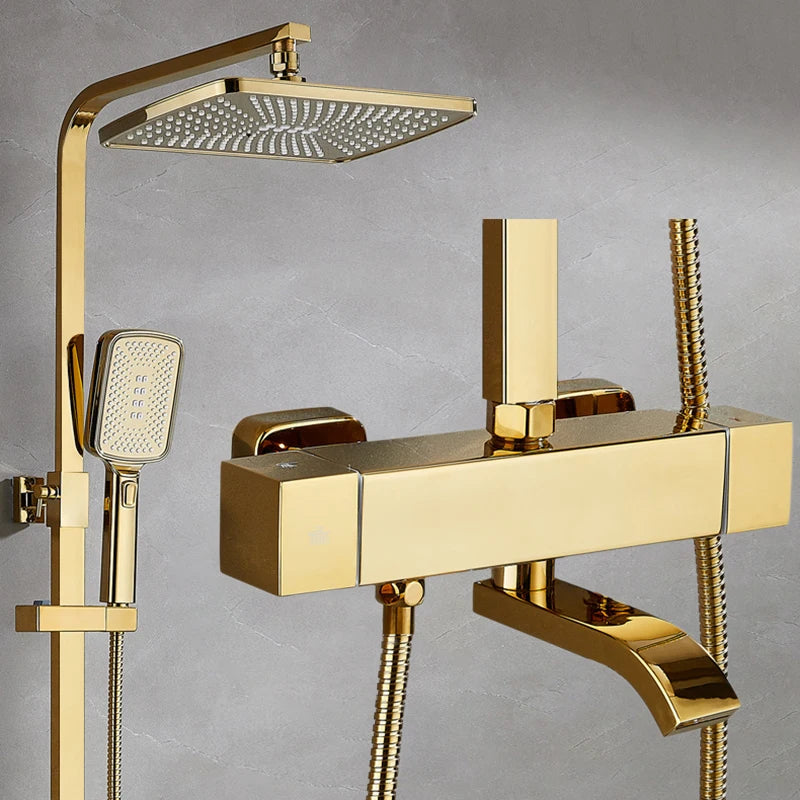 Square Thermostatic Bathroom Shower Quality Brass Cold Gold