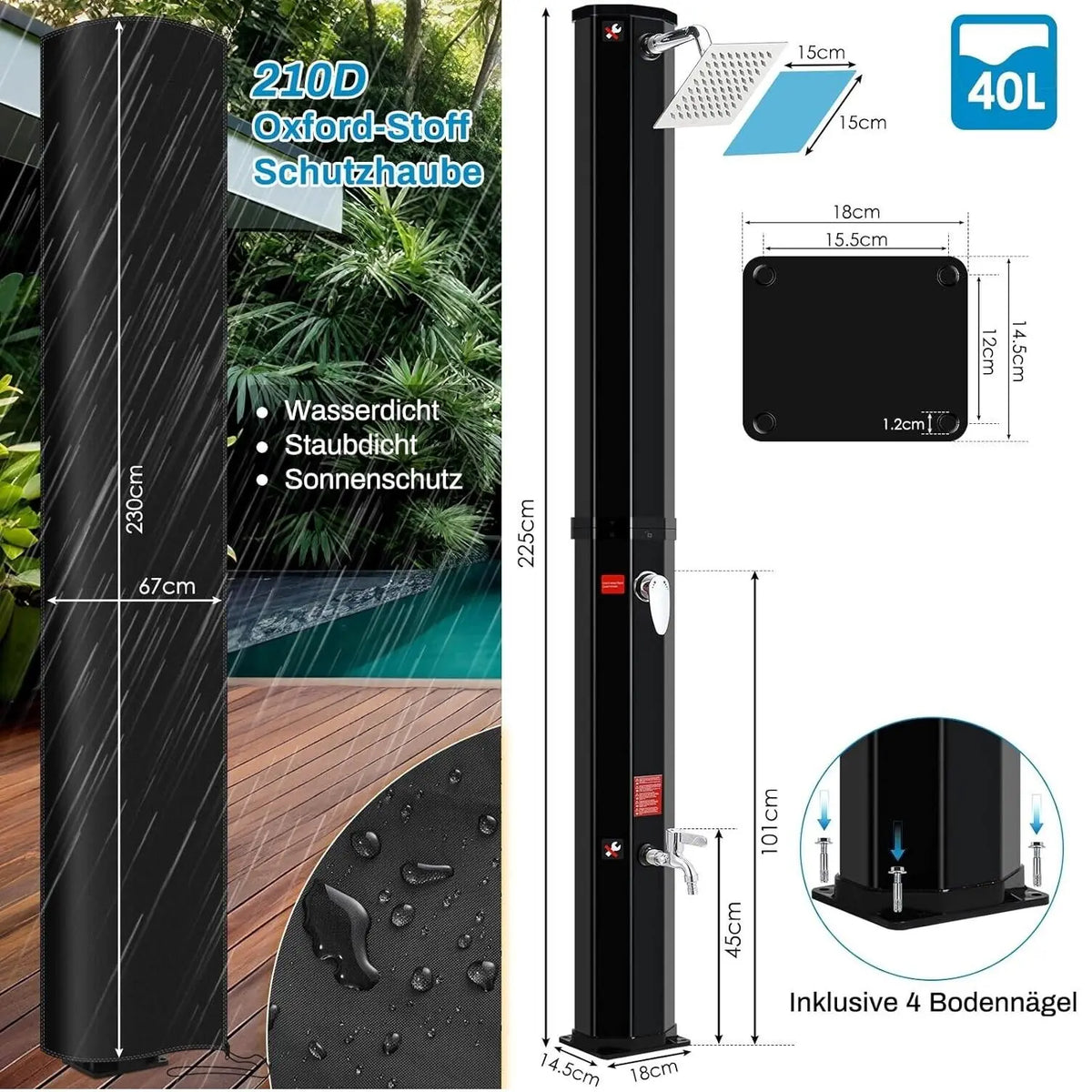 35l/40l/60l Solar Shower Column Panel Garden Beach Waterproof