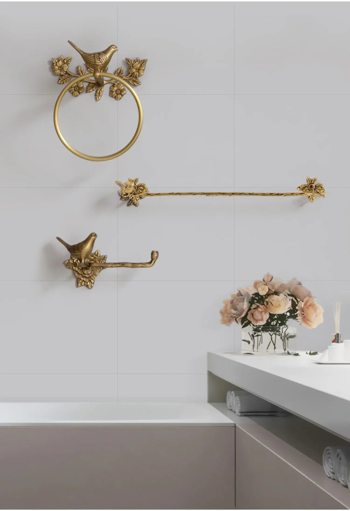 Retro Brass Bird Towel Ring Storage Rack Perforation-Free