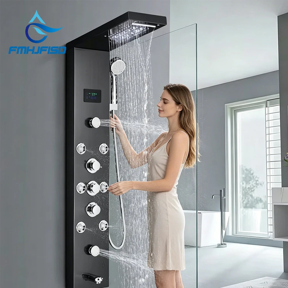 Led Shower Panel Waterfall Rain Temperature Digital Display