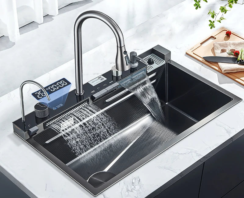 Stainless Steel Sink Faucet Digital Display Large Bowl