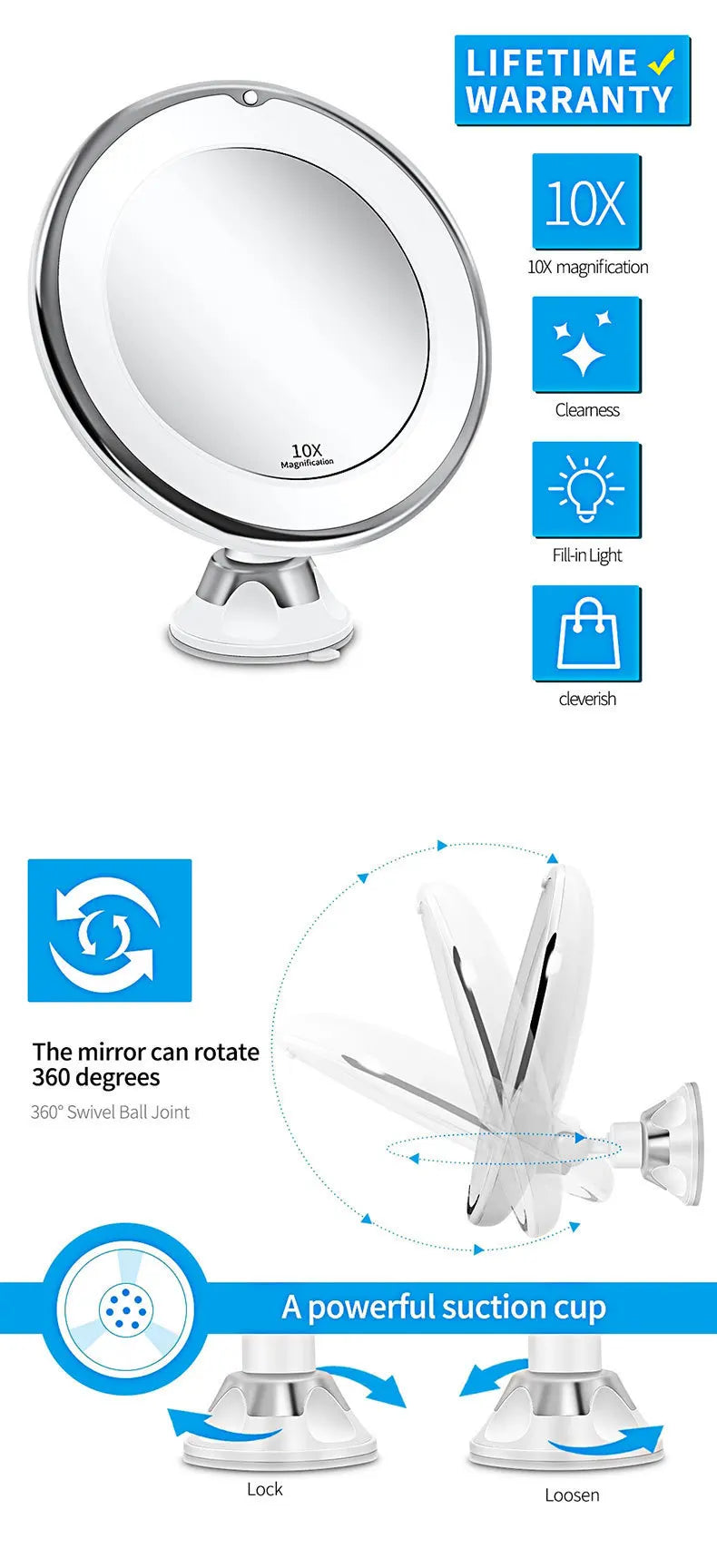 10x Magnifying Led Vanity Mirror Touch Screen Sucker