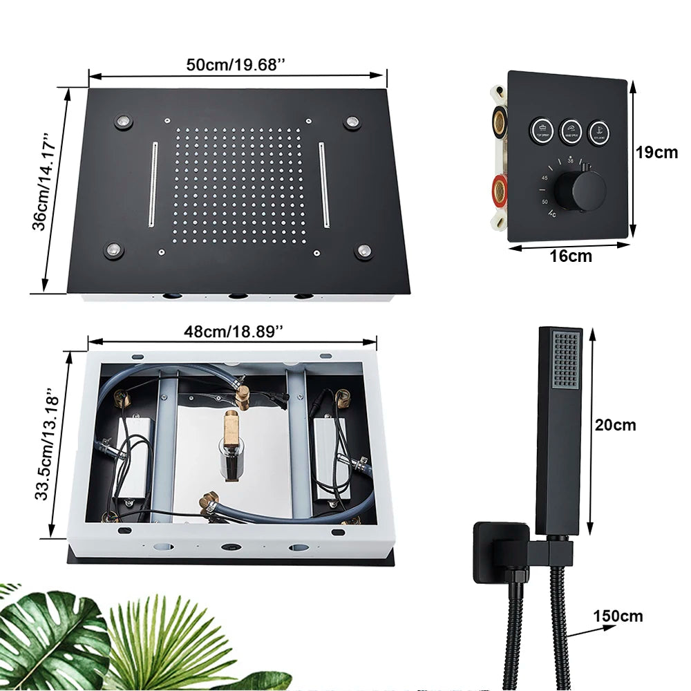 Black Embedded Ceiling Shower Head Intelligent Remote Control