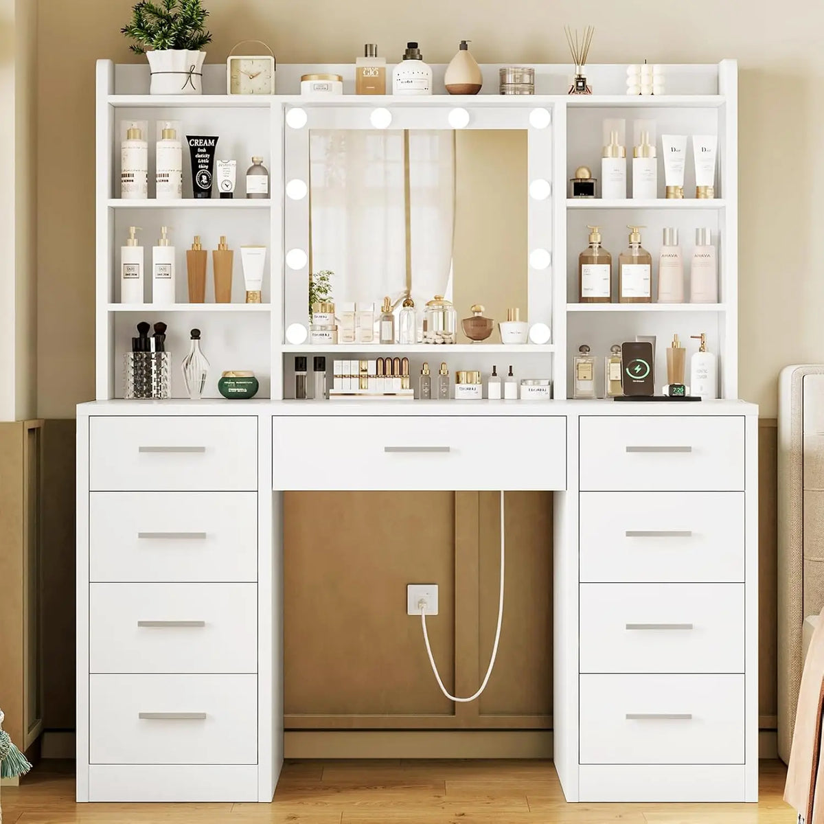Makeup Vanity Lighted Mirror & Power Outlet Drawers