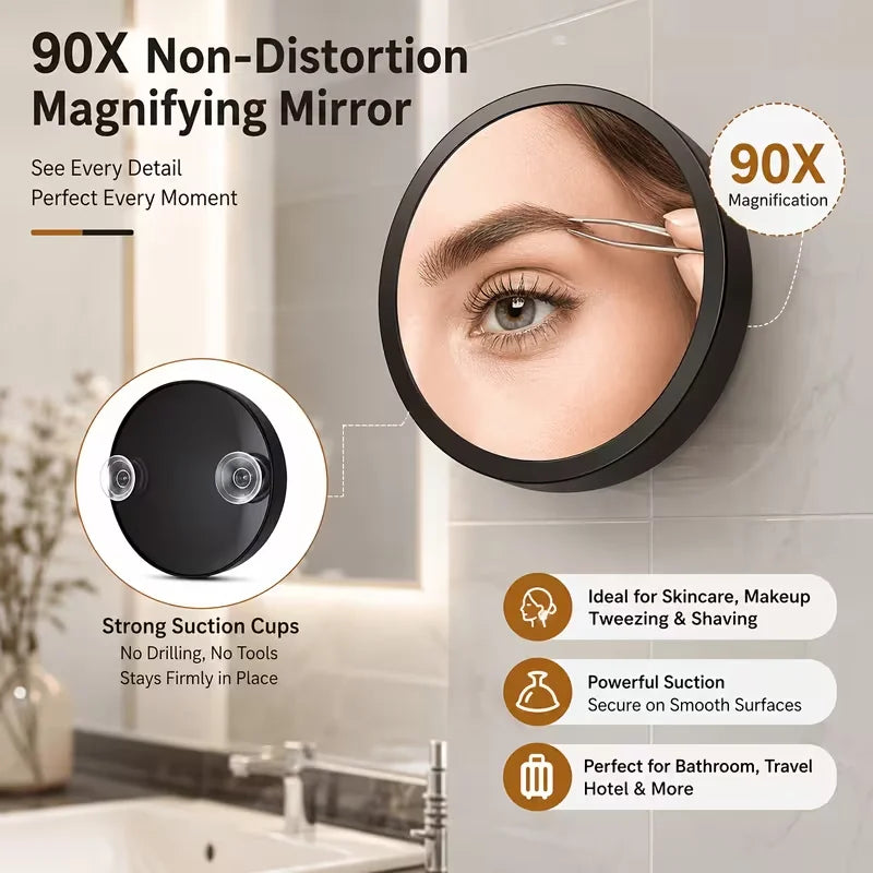 90x Magnifying Makeup Mirror Dual Suction Cups Tweezers