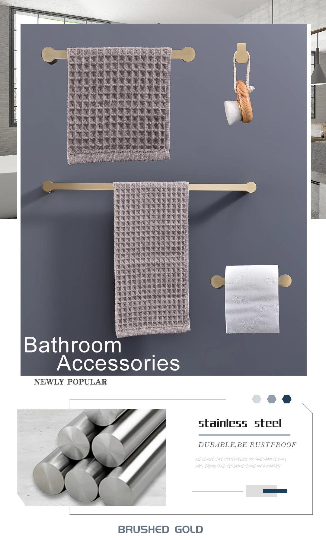 Brushed Gold Bathroom High Quality Brass Knurled Towel