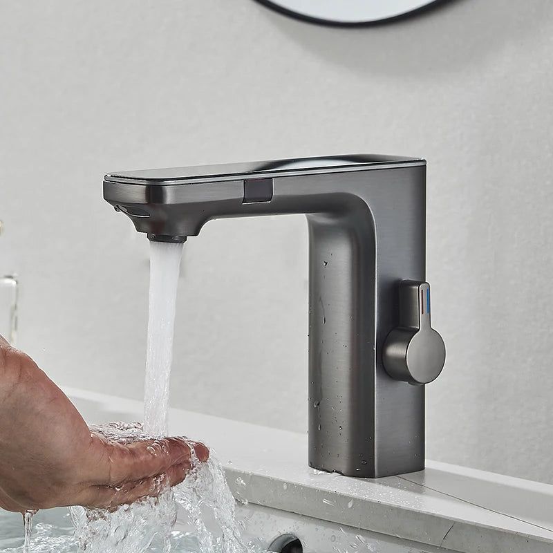 Gun Grey Smart Sensor Basin Faucet Digital Display