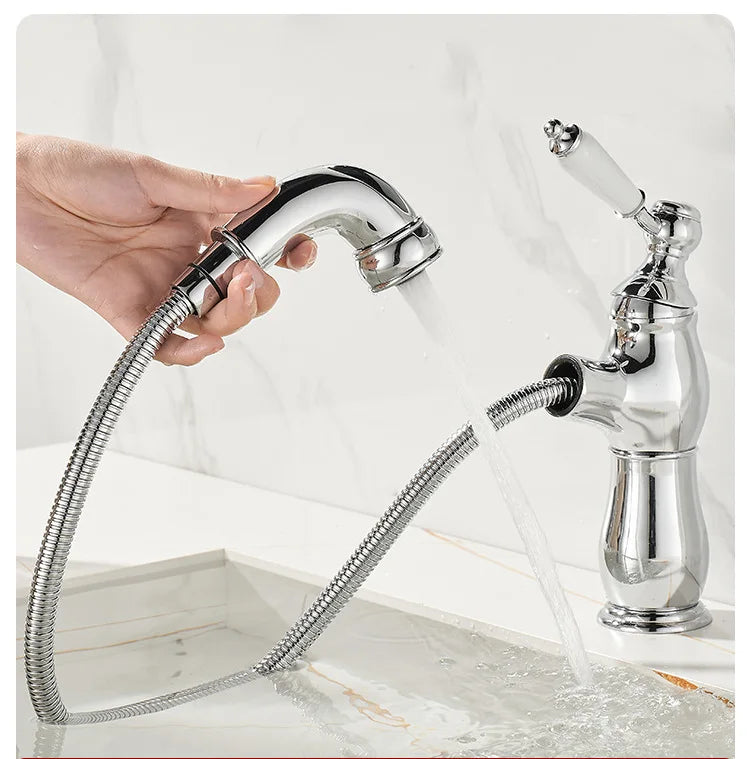 Gold Bathroom Ceramic Handle Basin Faucets Pull Out