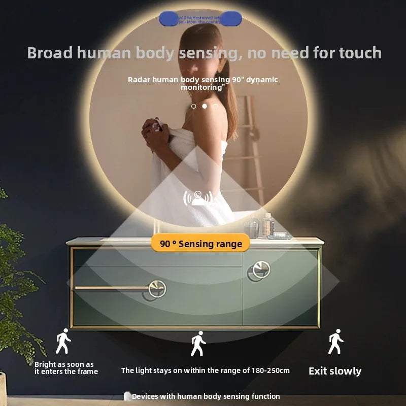 Round Smart Bathroom Mirror Wall-Mounted Led Light Touch
