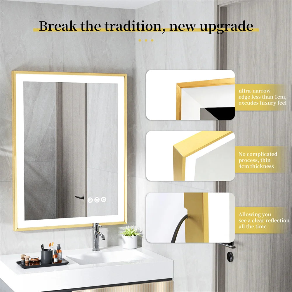 Luvodi Illuminated Bathroom Mirror Gold Frame Wall Mounted