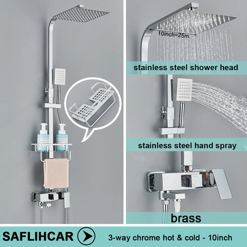 Black/Chrome Brass Shower Faucets Rainfall Shower Shelf Cold