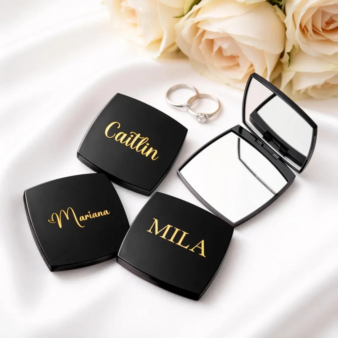 Personalized Engraved Compact Mirror Matte Black Pocket Makeup