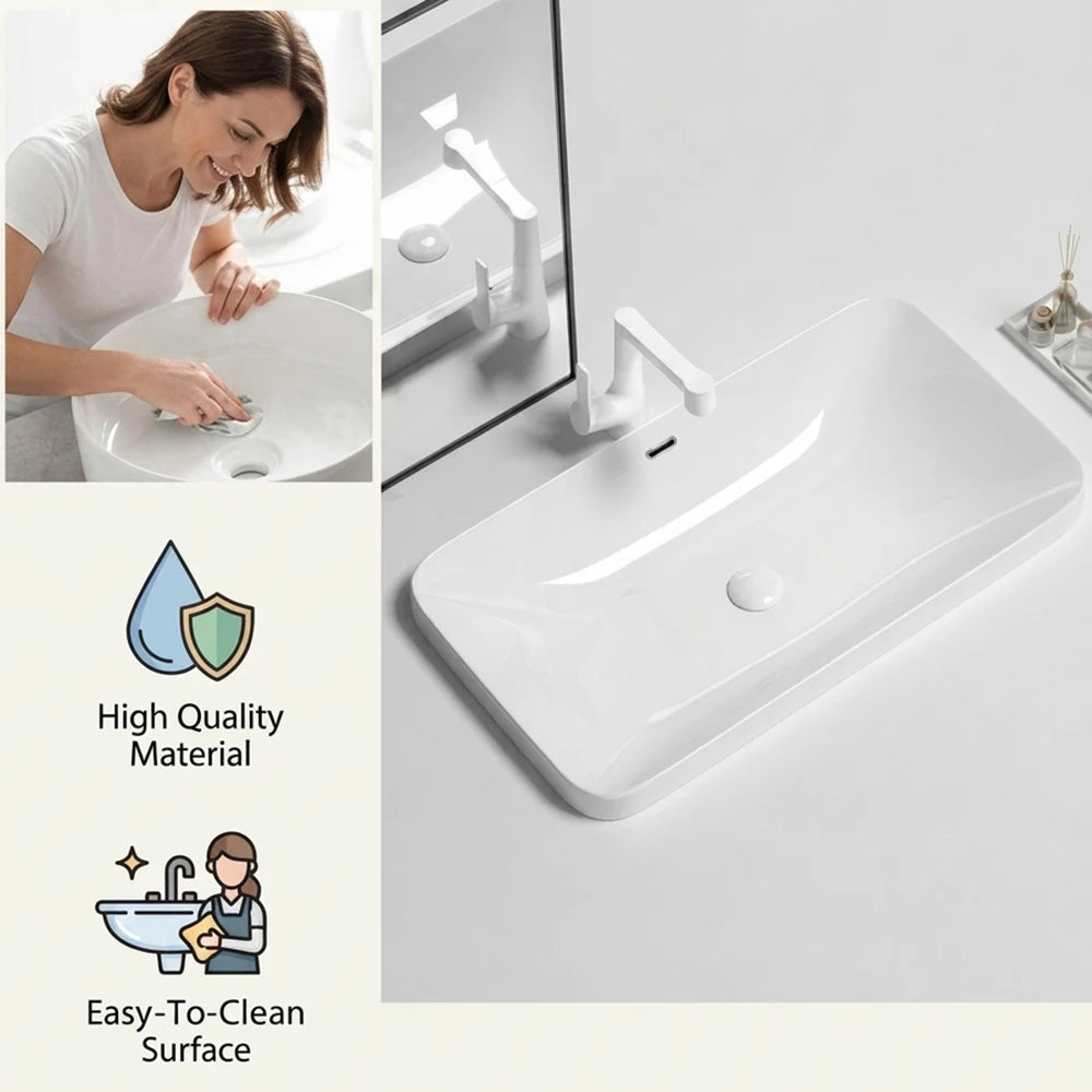 Rectangular Semi Recessed Ceramic Wash Basin Bathroom Countertop