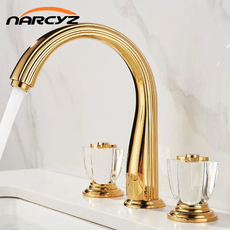 French Brass Bathroom Gold Three-Hole Basin Faucet Cold