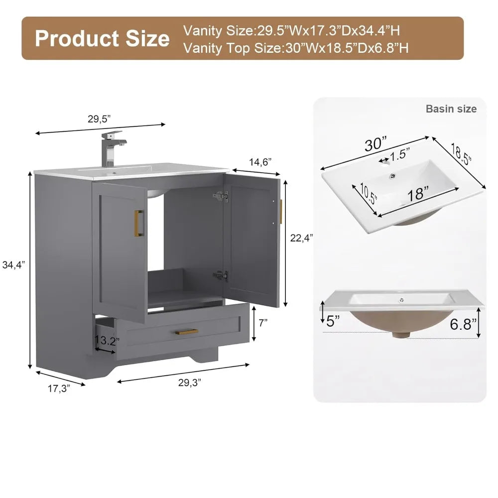 30 Inch Bathroom Vanity Sink Modern Grey Vanity