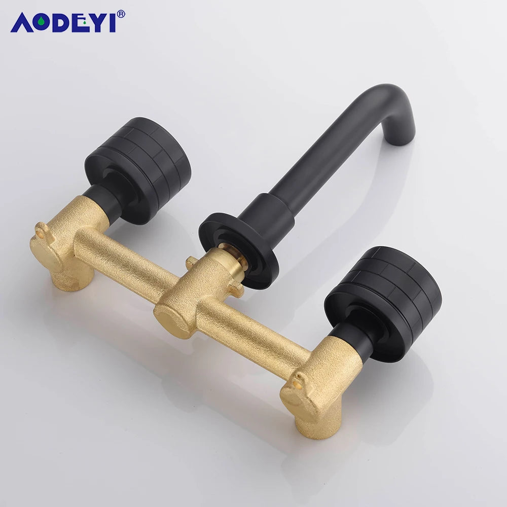 Black Bathroom Faucet Brass Double Lever Wall Mounted