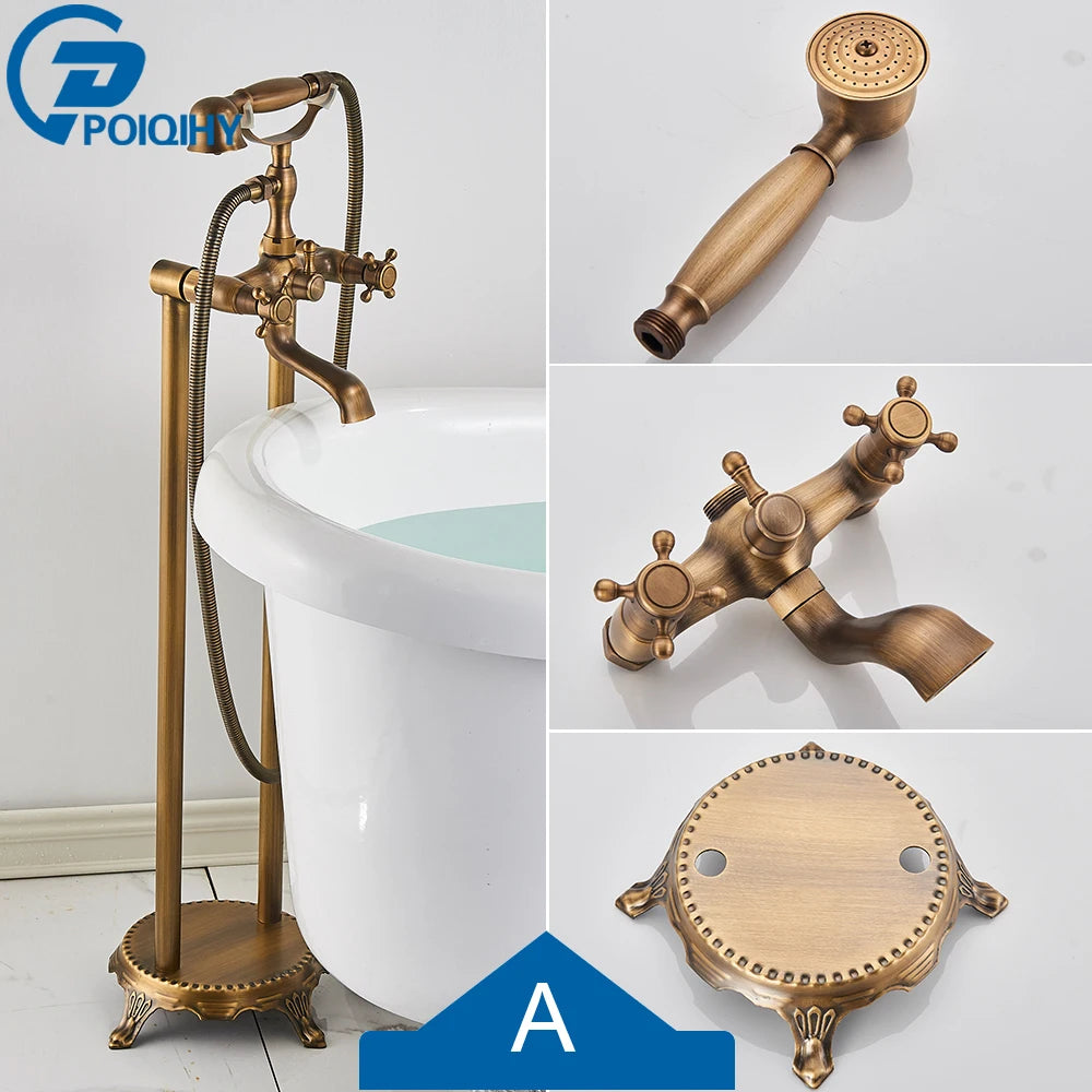 Antique Brass Floor Mounted Bathtub Shower Faucet Dual