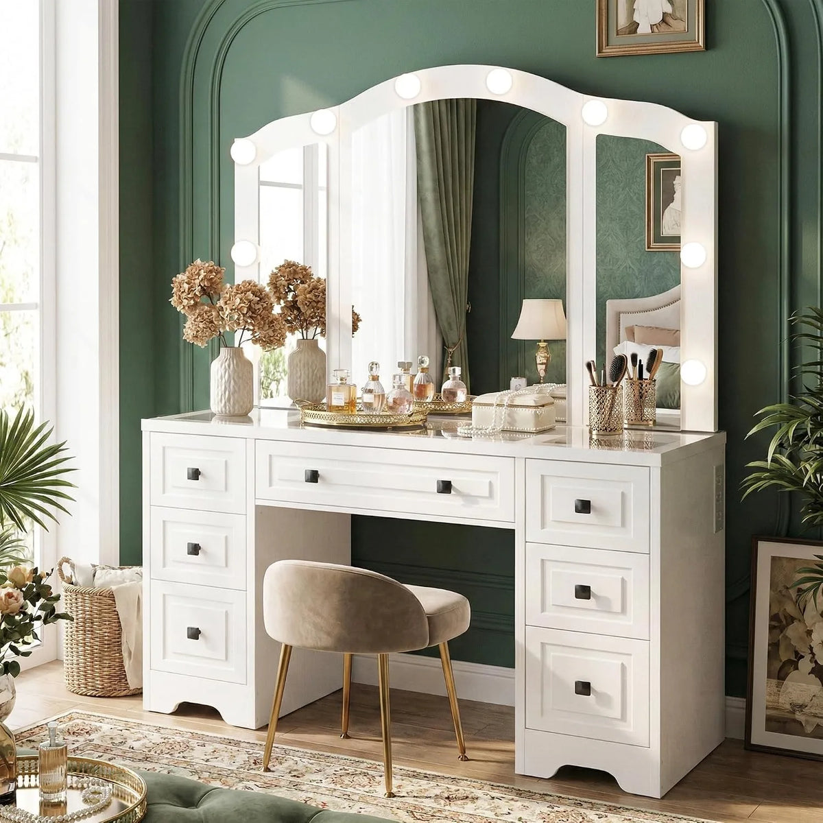 White Retro Lighted Vanity Desk Tri-Fold Mirror Drawers