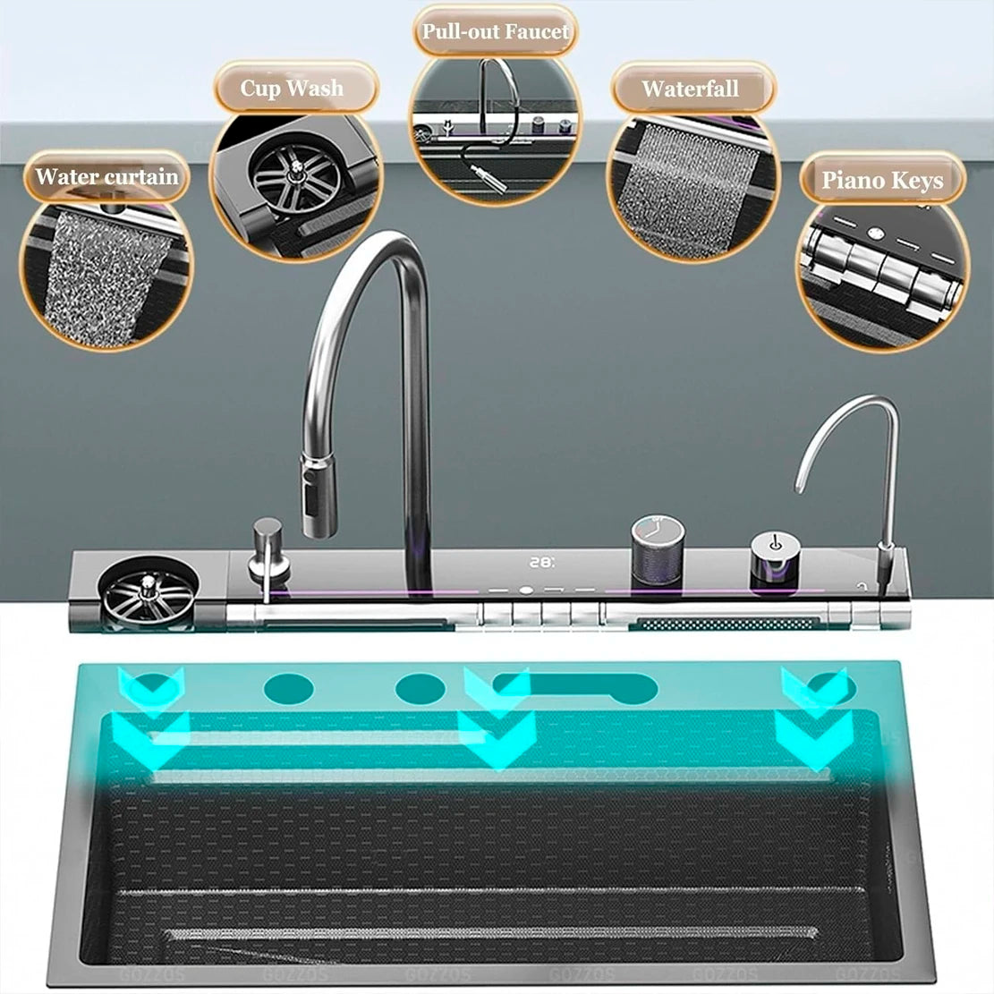 Stainless Steel Waterfall Sink Digital Display Large Sink