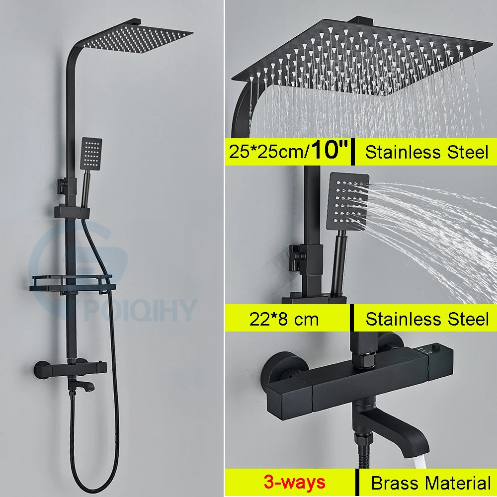 Bathroom Thermostatic Shower Faucet Rainfall Head Wall Mounted