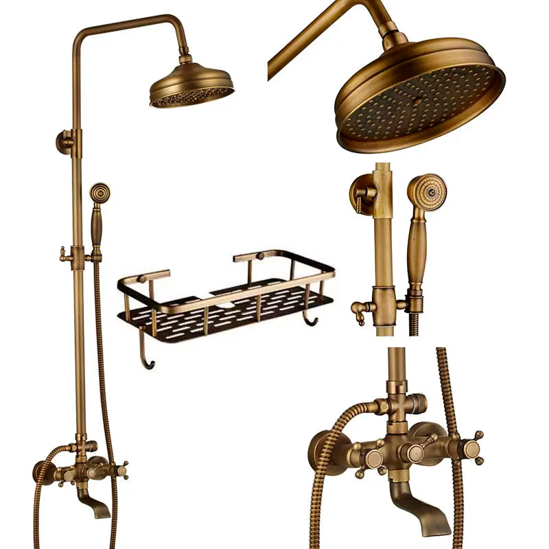 Antique Brass Shower Faucet Rainfall Head Shower Handshower