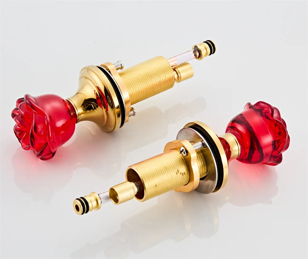 Gold Red Rose Basin Faucet Widespread Sink Tap