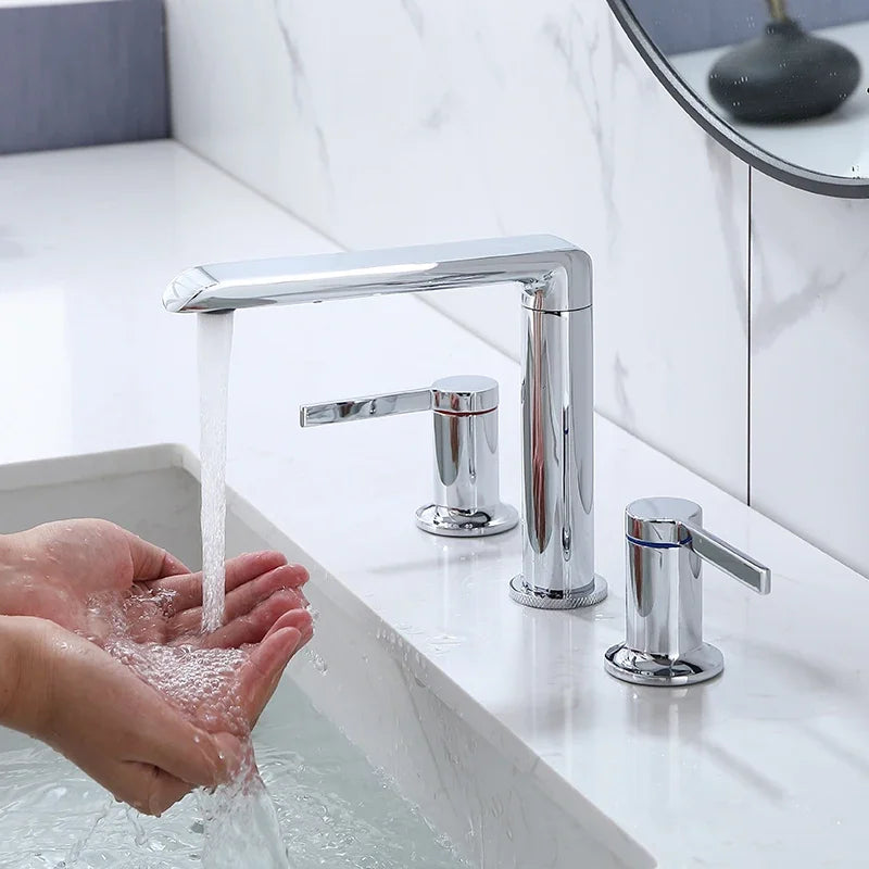 Brushed Gold Bathroom Widespread Basin Faucets Soild Brass