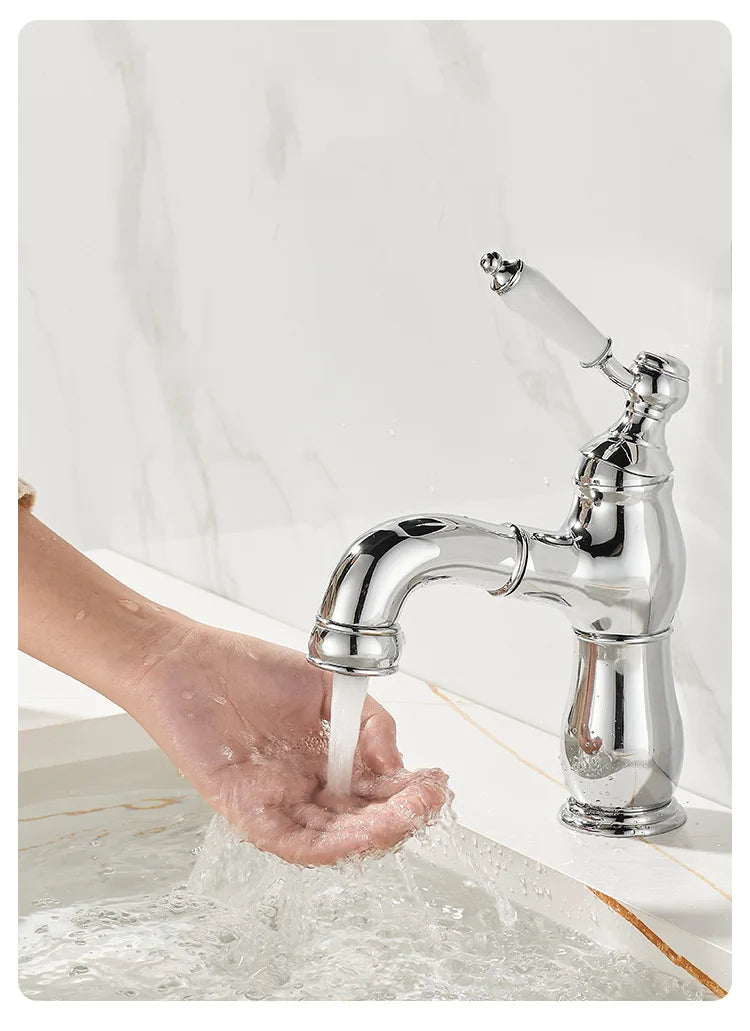 Gold Bathroom Ceramic Handle Basin Faucets Pull Out