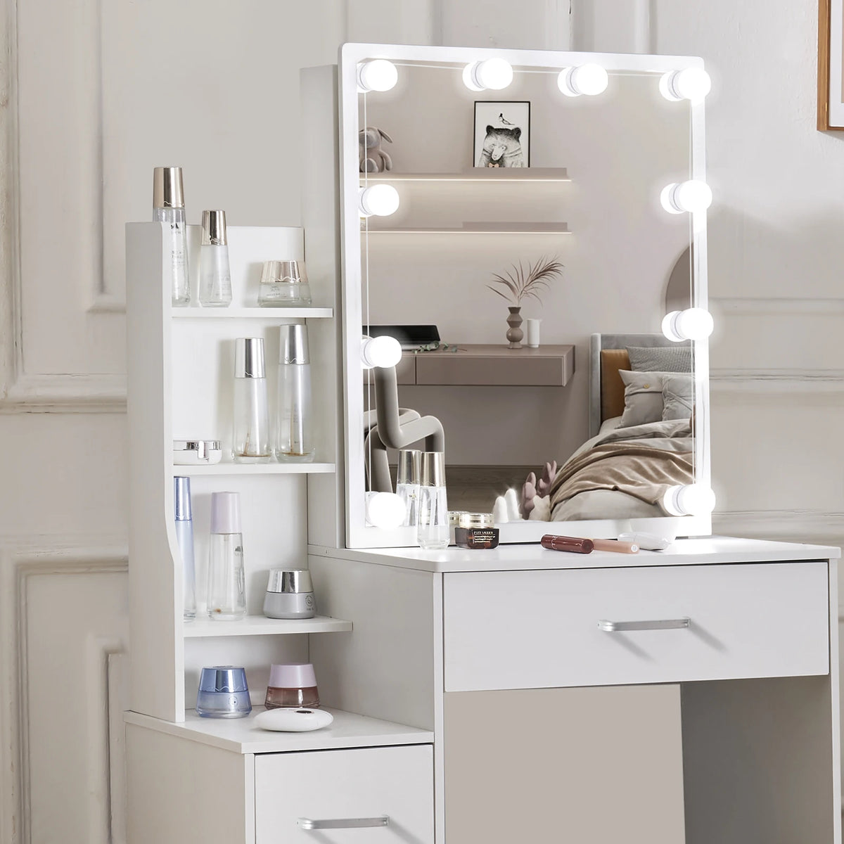 Led Vanity Table Sliding Mirror White Makeup Desk