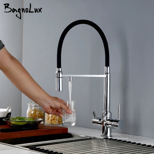 Bagnolux Copper Faucets Chrome Sink Black Hose Mount