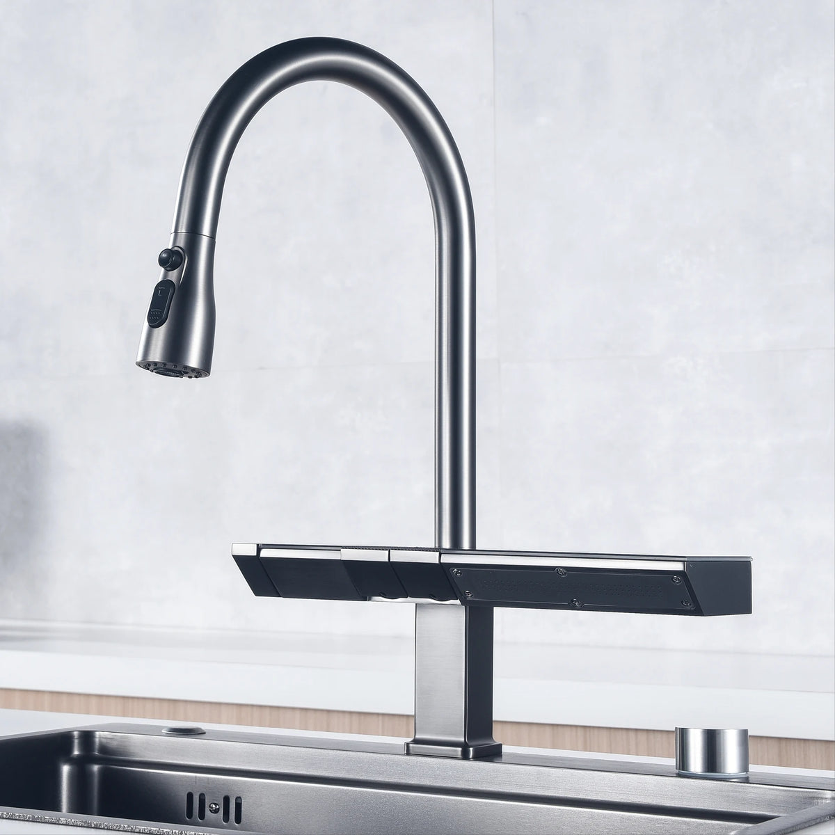 Luxury Digital Display Brass Grey Faucet Pull-Out Design