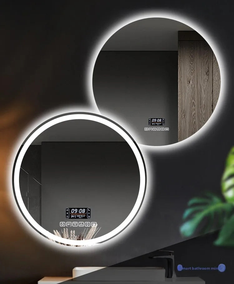 Round Smart Bathroom Mirror Wall-Mounted Led Light Touch