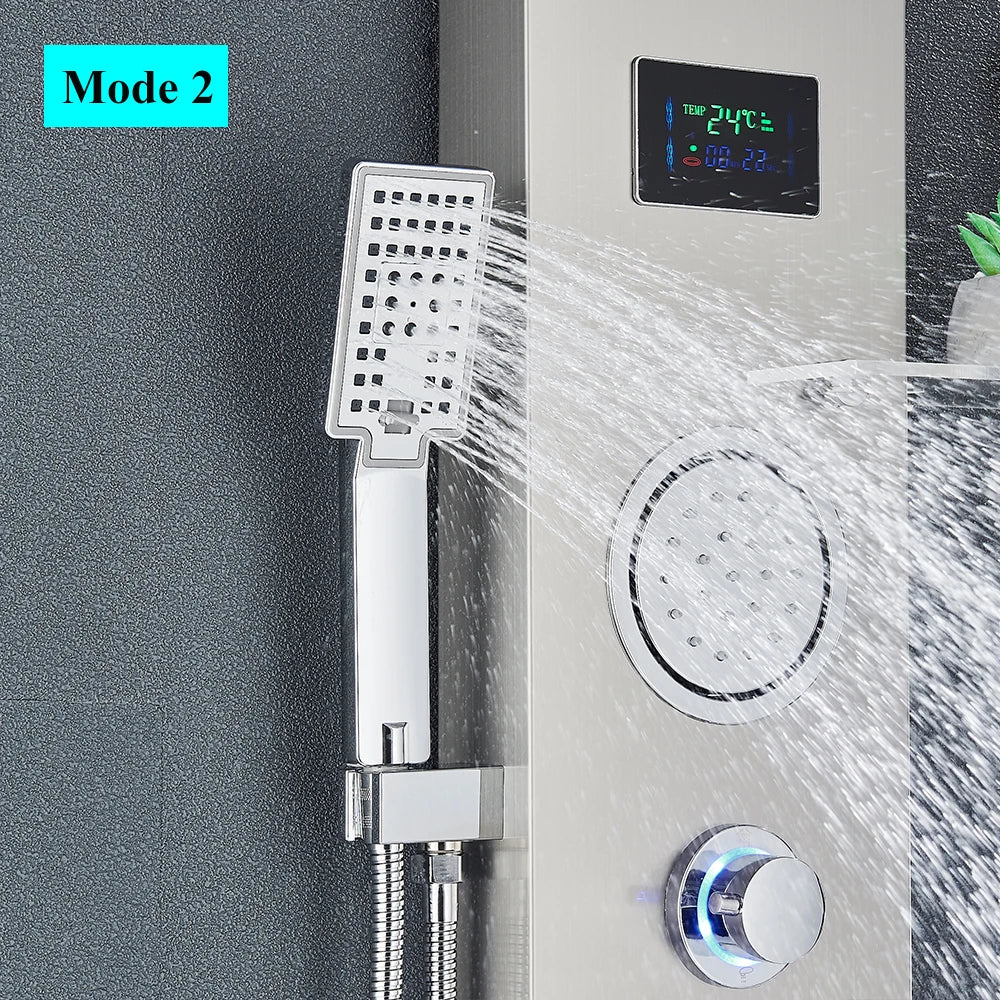 Brushed Nickel Bathroom Led Rainfall Shower Faucet Digital
