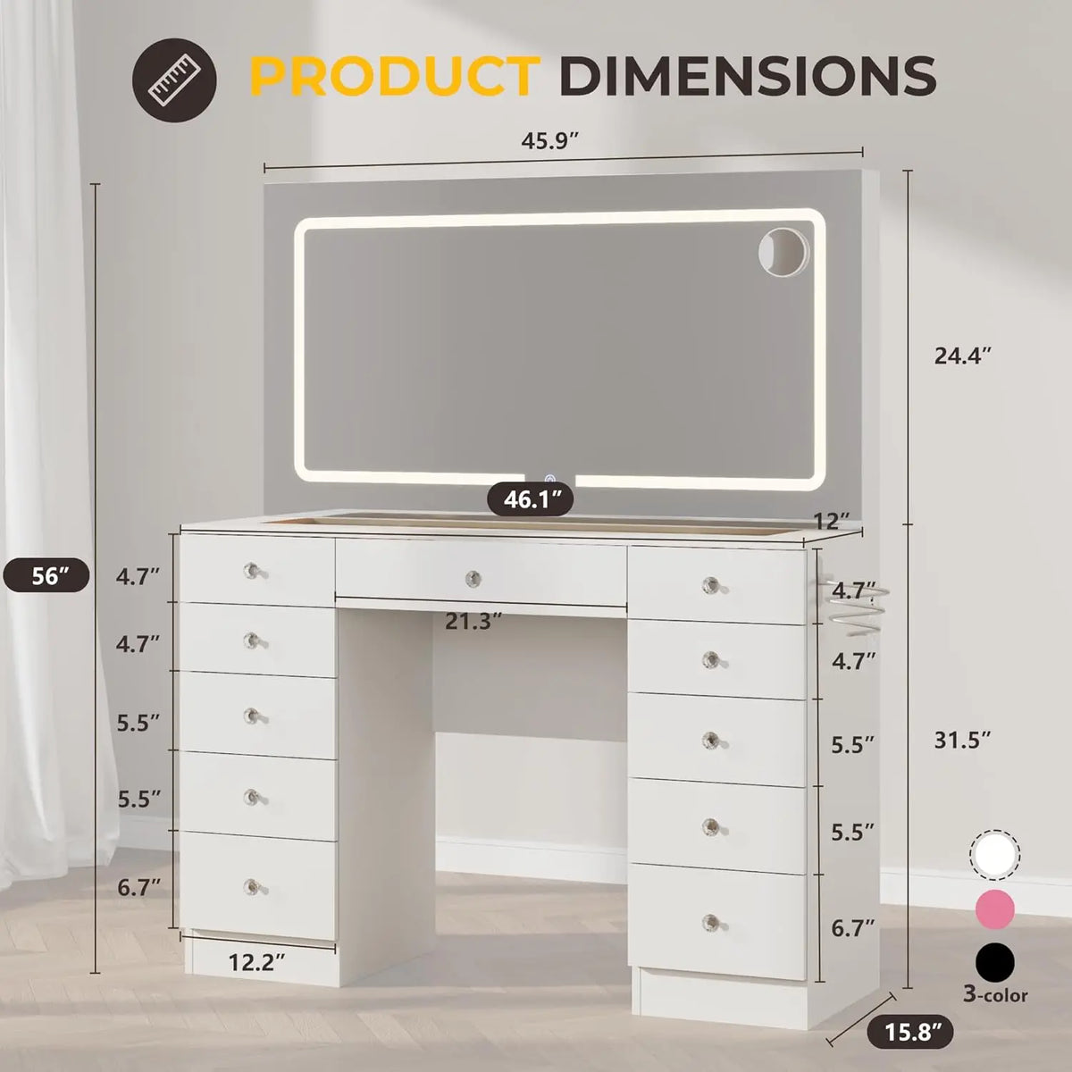 White Vanity Desk Mirror & Led Lights Modes