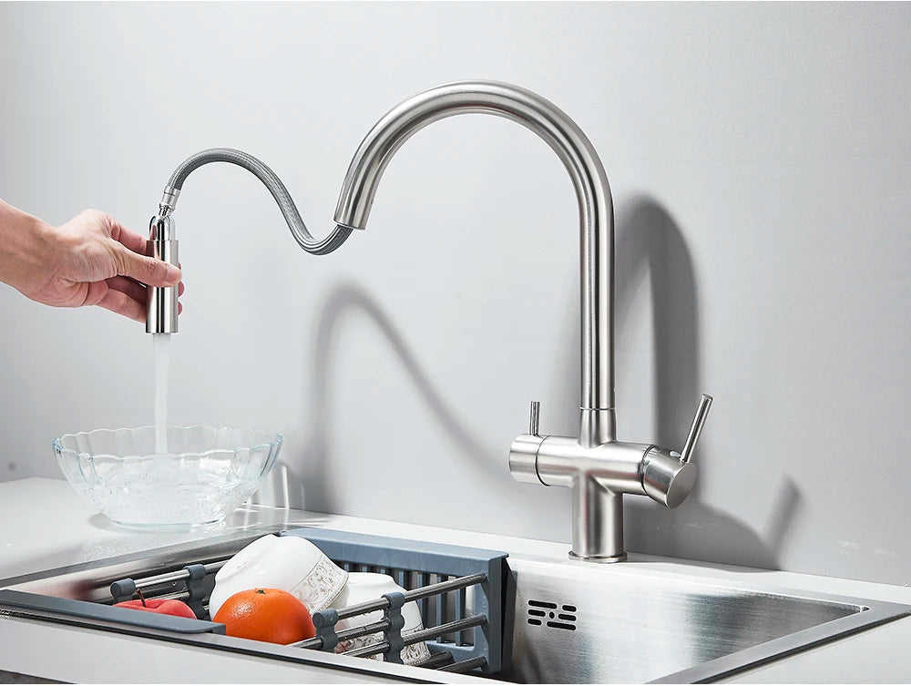 Brushed Gold Water Filter Faucet Dual Spout Pure
