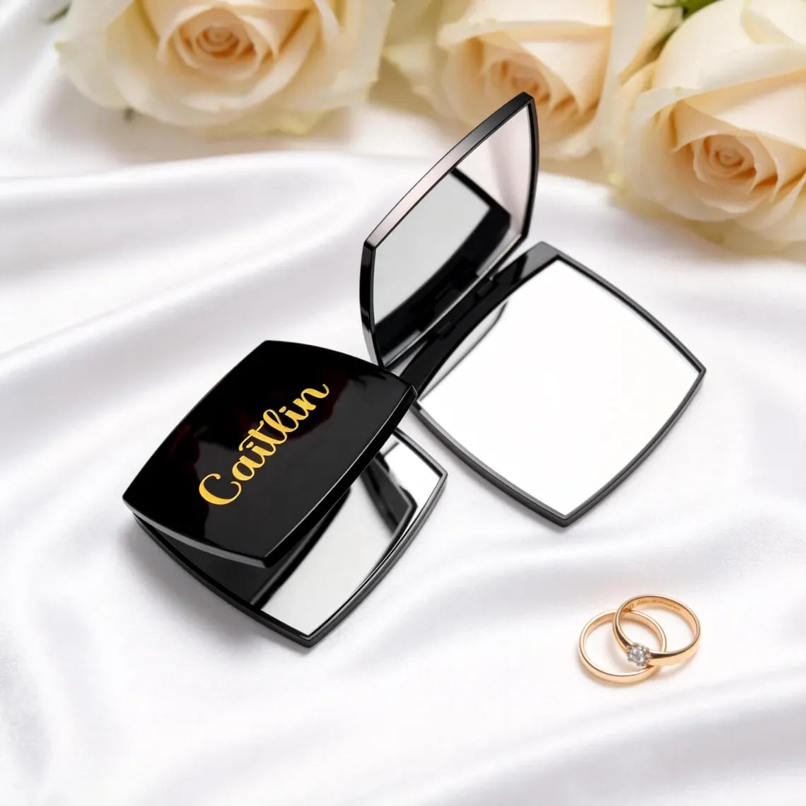 Personalized Engraved Compact Mirror Matte Black Pocket Makeup