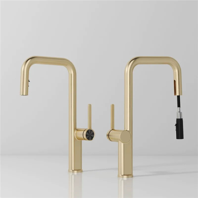 Brushed Gold Pull Out Faucets Brass Rose Gold