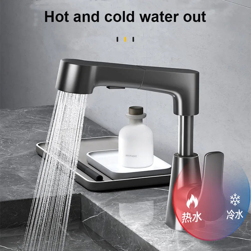 Dual-Function Pull-Down Bathroom Sink Faucet Adjustable Height