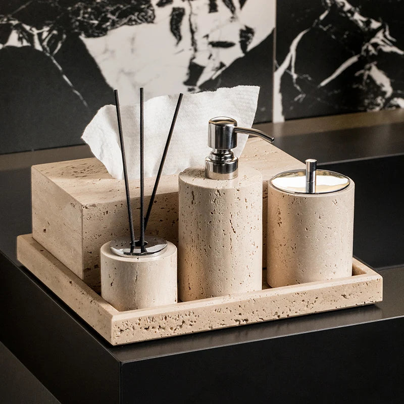 Beige Travertine Bathroom Natural Marble Soap Dispenser Reed