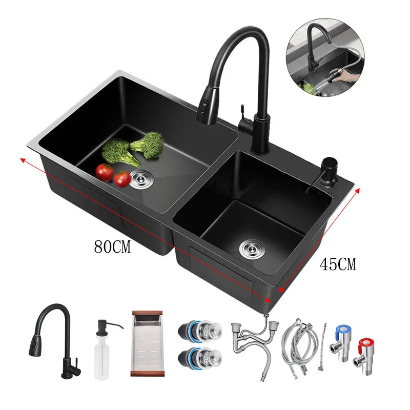 304stainless Steel Sink Faucet Rainfall Spout Pull Out