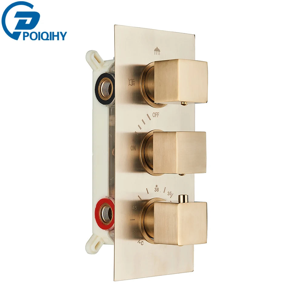 Brushed Gold Thermostatic Shower Mixer Valve Brass 3-Ways