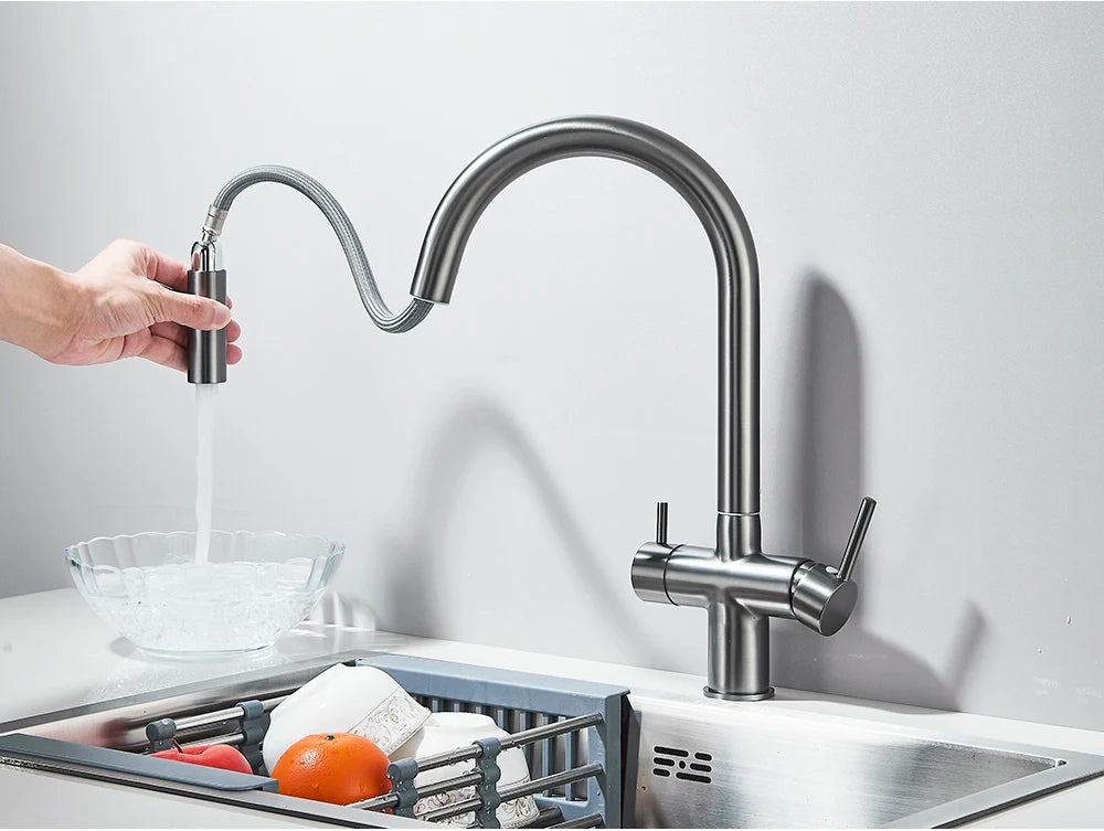 Brushed Gold Water Filter Faucet Dual Spout Pure