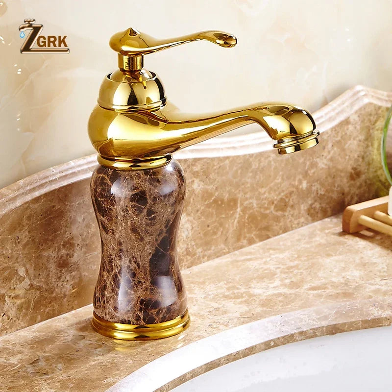 Luxury Golden Faucet Coffee Color Marble Bathroom Sink