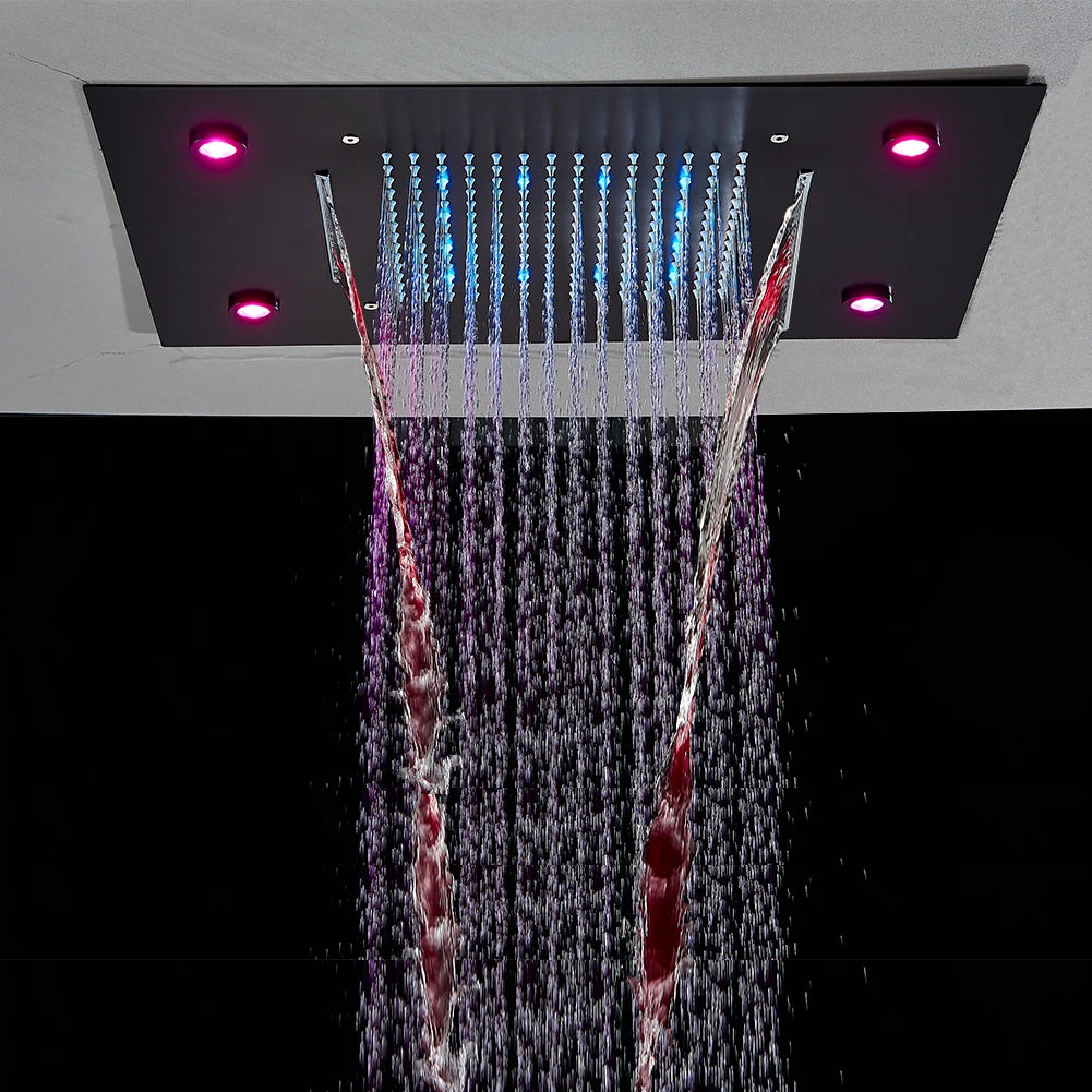 Black Thermostatic Bathroom Shower Faucet Remote Led Rainfall