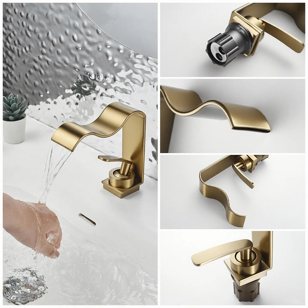 Luxury Brushed Gold Bathroom Sink Faucet Deck Mounted