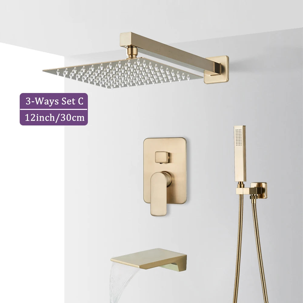 Brushed Gold Bathroom Shower Faucet 2/3 Way Rainfall