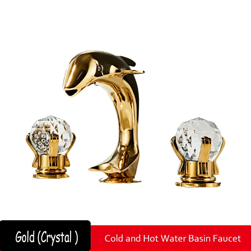3pcs Golden Bathroom Basin Faucet Crystal Handle Widespread