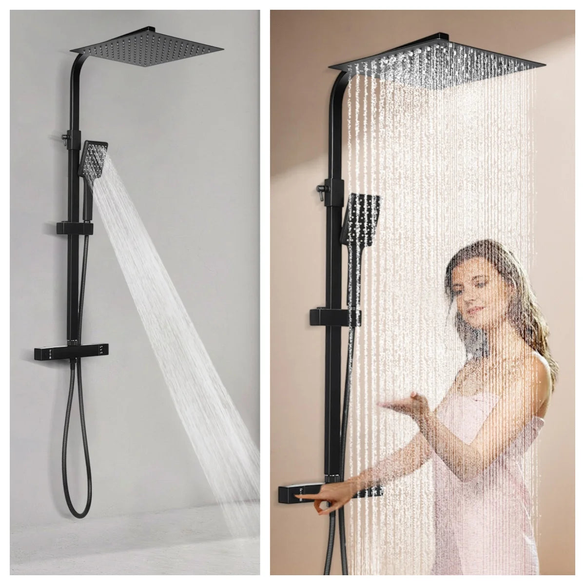 Black Rainfall Shower Thermostat Bathroom Wall Mounted 30cm