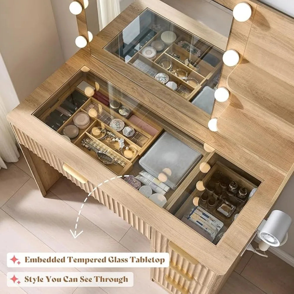 Fluted Vanity Desk Mirror Adjustable Led Lights Large