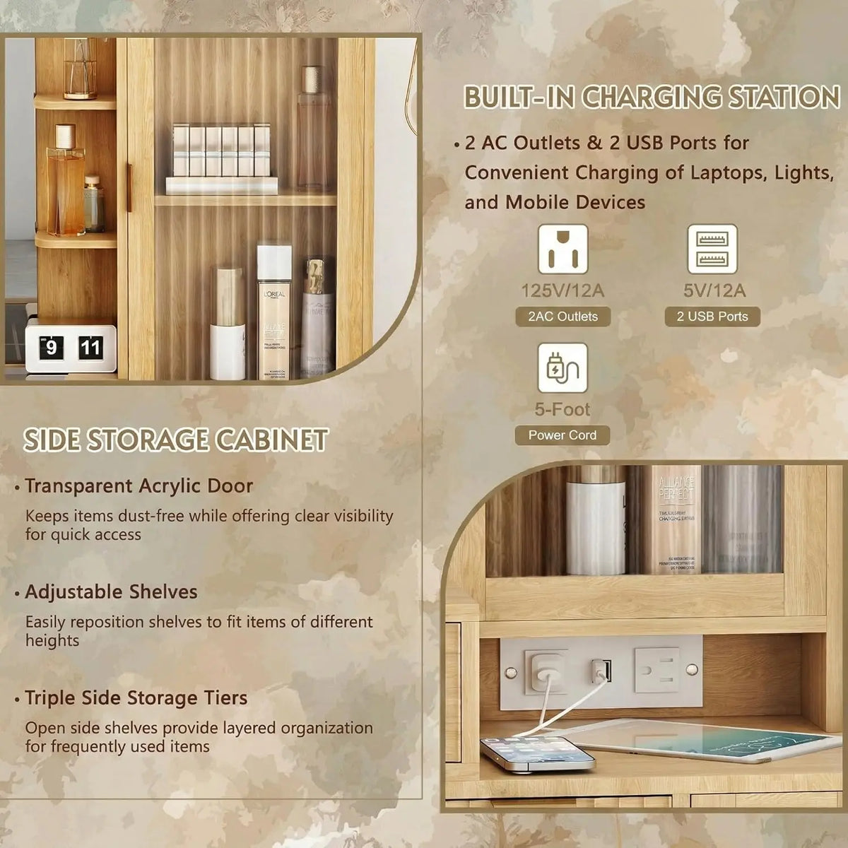 Fluted Boho Vanity Desk Led Mirror Glass Top